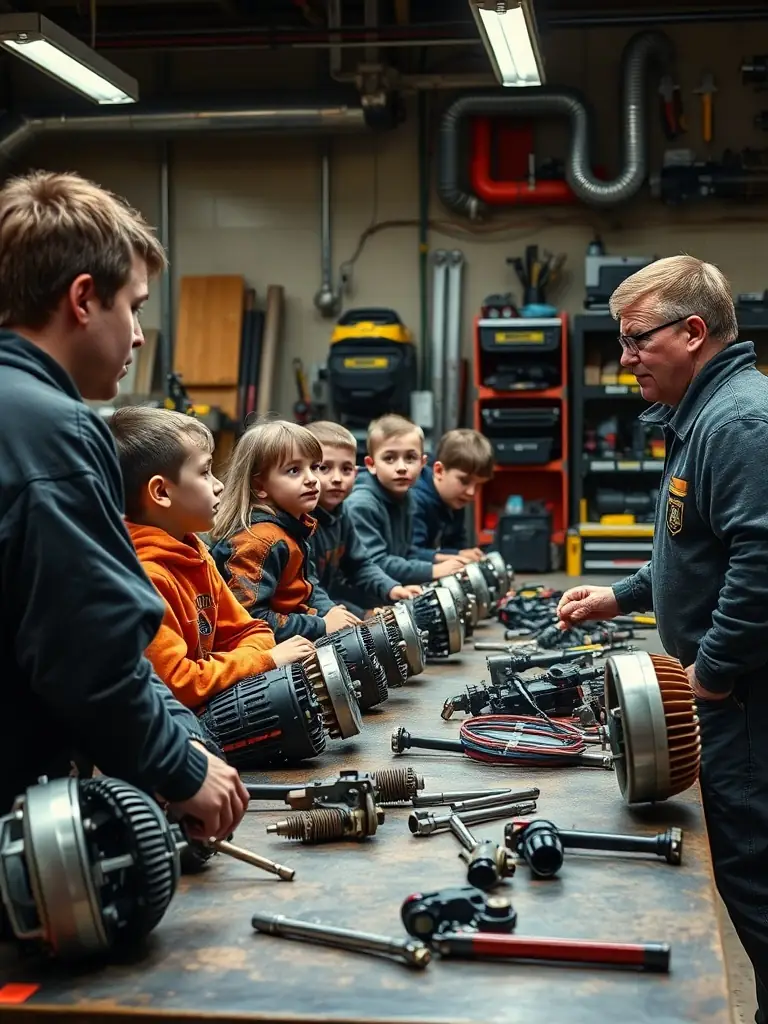 A group of children participating in a workshop session, learning about motorcycle maintenance and safety procedures from an instructor at BOURGES RACING TEAM.