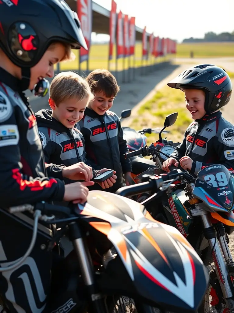 A team of young riders working together to prepare their motorcycles for a race, demonstrating teamwork and responsibility. The atmosphere is supportive and collaborative.