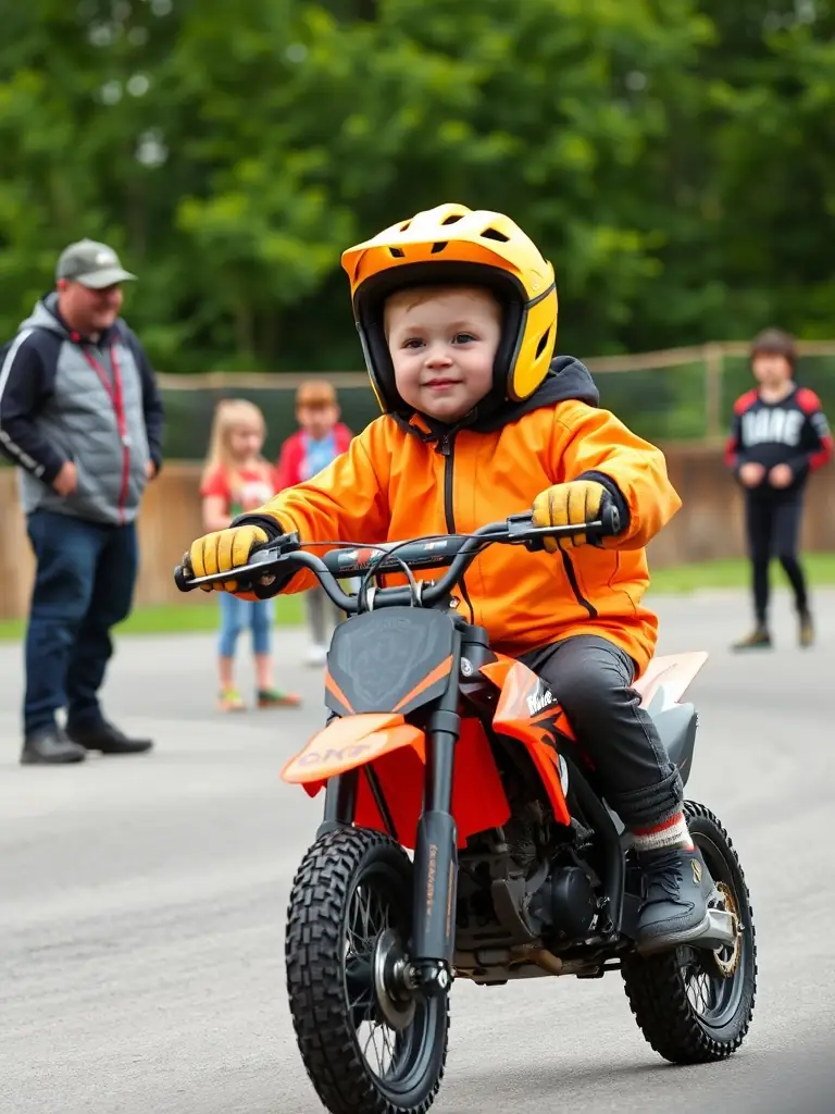 A young child, around 7 years old, wearing full motorcycle safety gear, confidently riding a small dirt bike on a closed, safe track. The background shows other children and instructors, with a focus on safety and fun.