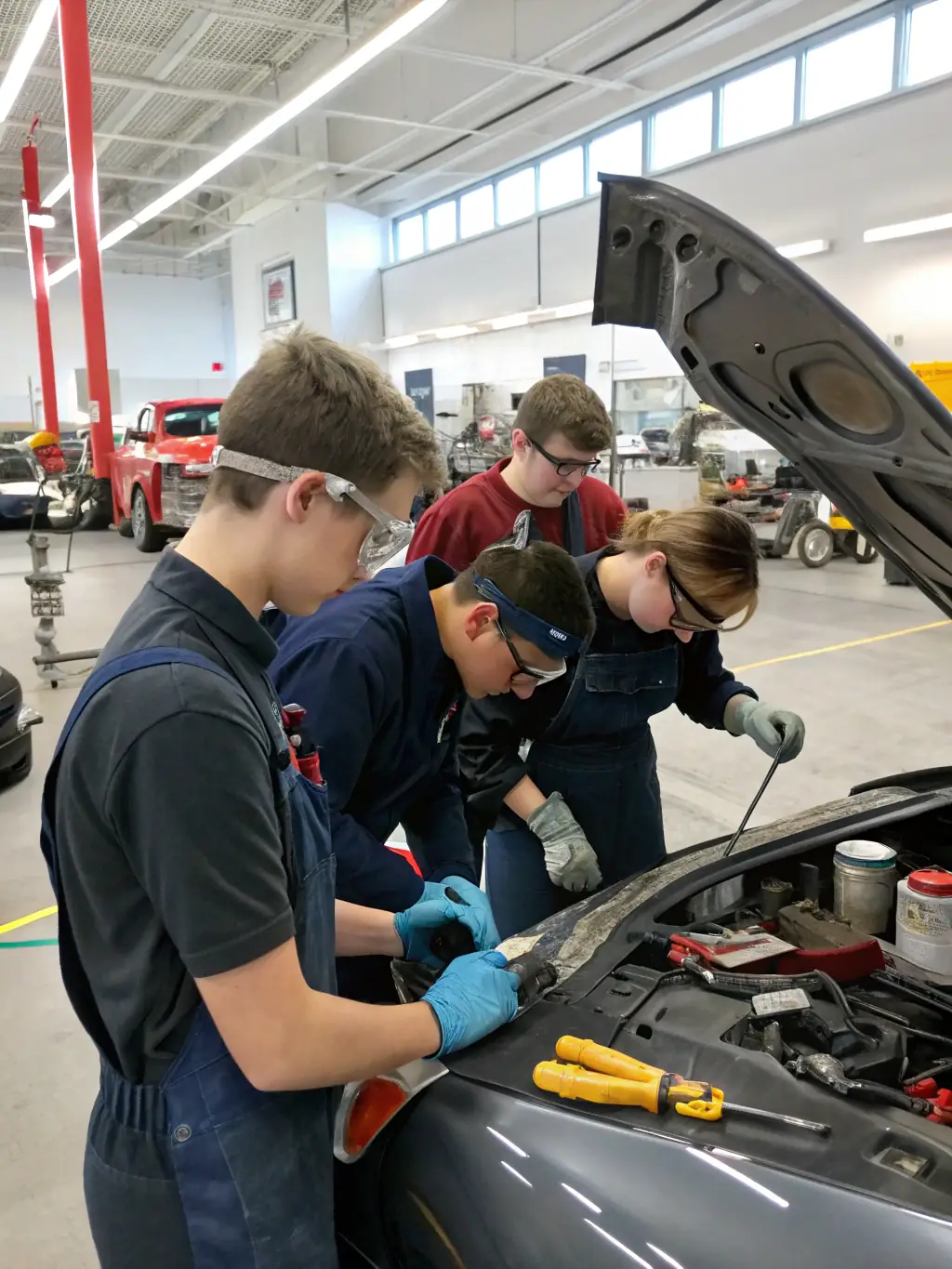 A diverse group of young people are gathered for a workshop on motorcycle maintenance and repair, learning about engine mechanics, tire changes, and basic troubleshooting from a skilled mechanic, highlighting the educational aspect of Bourges Racing Team.