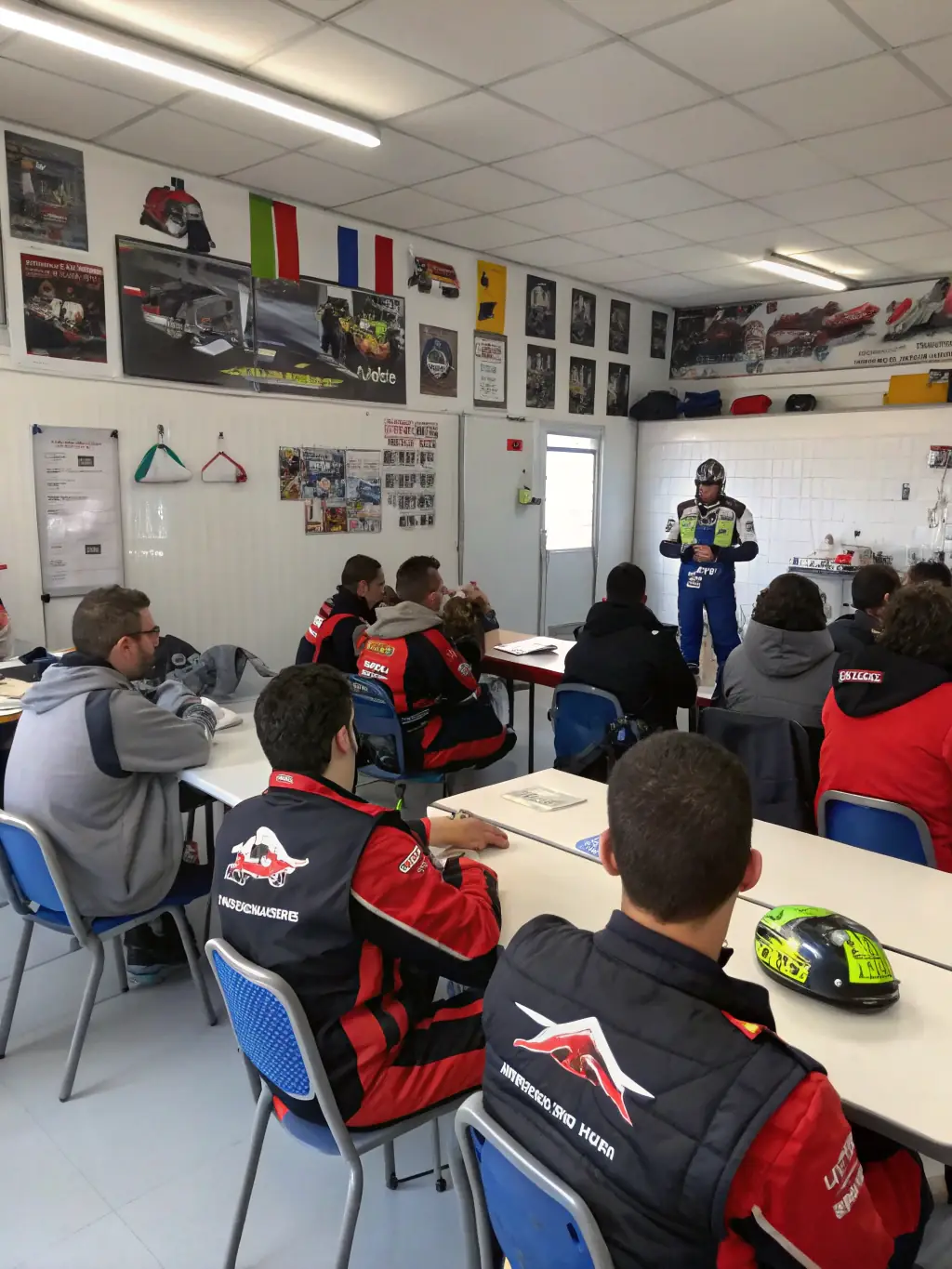 A group of children in racing gear participating in a safety workshop, learning about motorcycle maintenance and safe riding practices. The setting is a well-equipped garage or classroom.