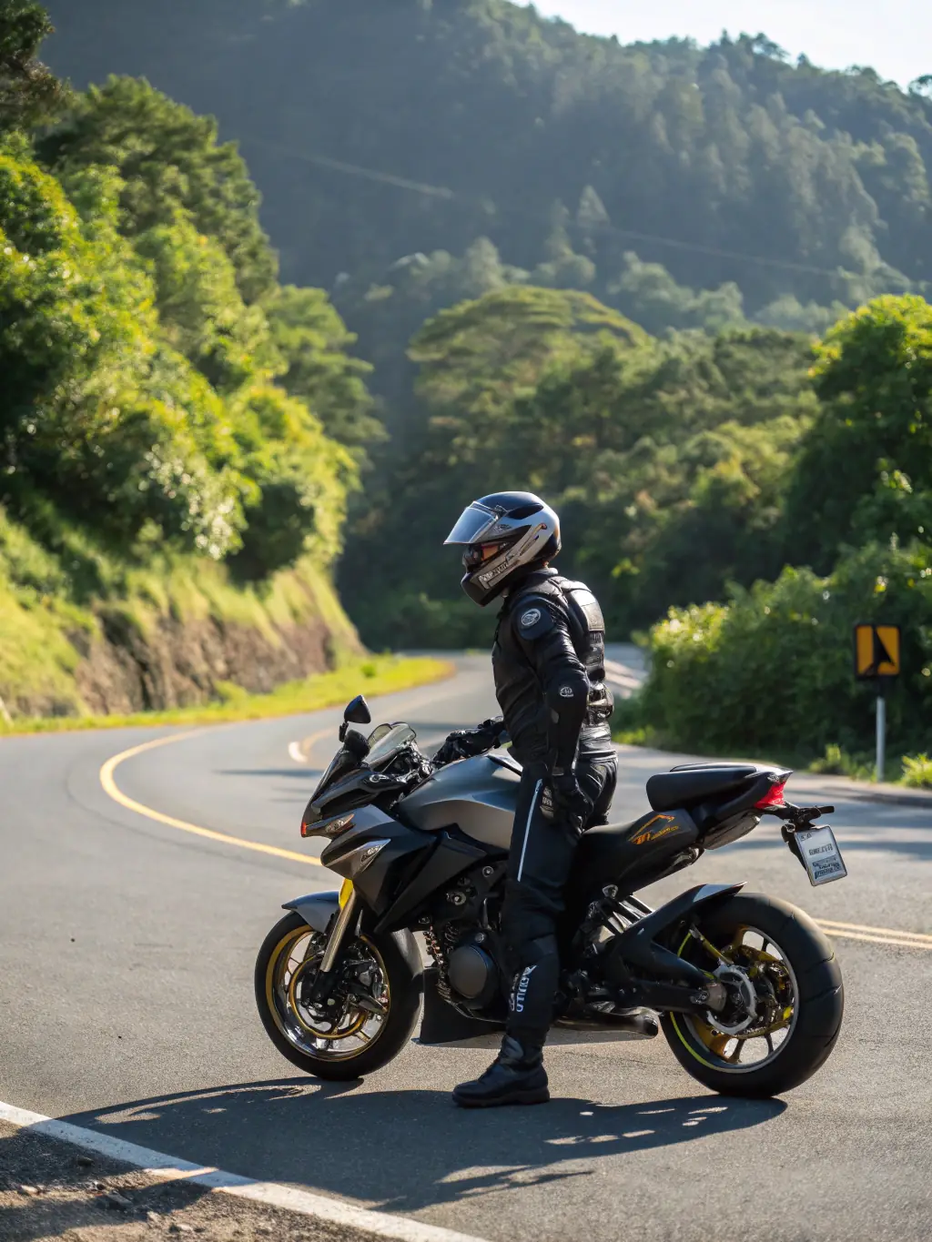 A young member of Bourges Racing Team is shown smiling confidently while wearing full protective gear and standing next to their motorcycle on a sunny day at the training track.