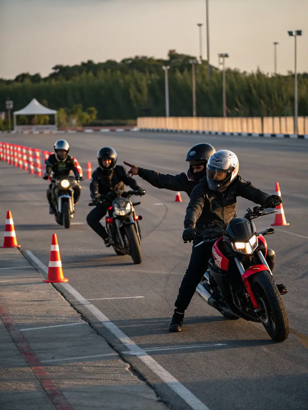 A coach is demonstrating proper riding technique to a group of young riders at the Bourges Racing Team training facility, emphasizing safety protocols.