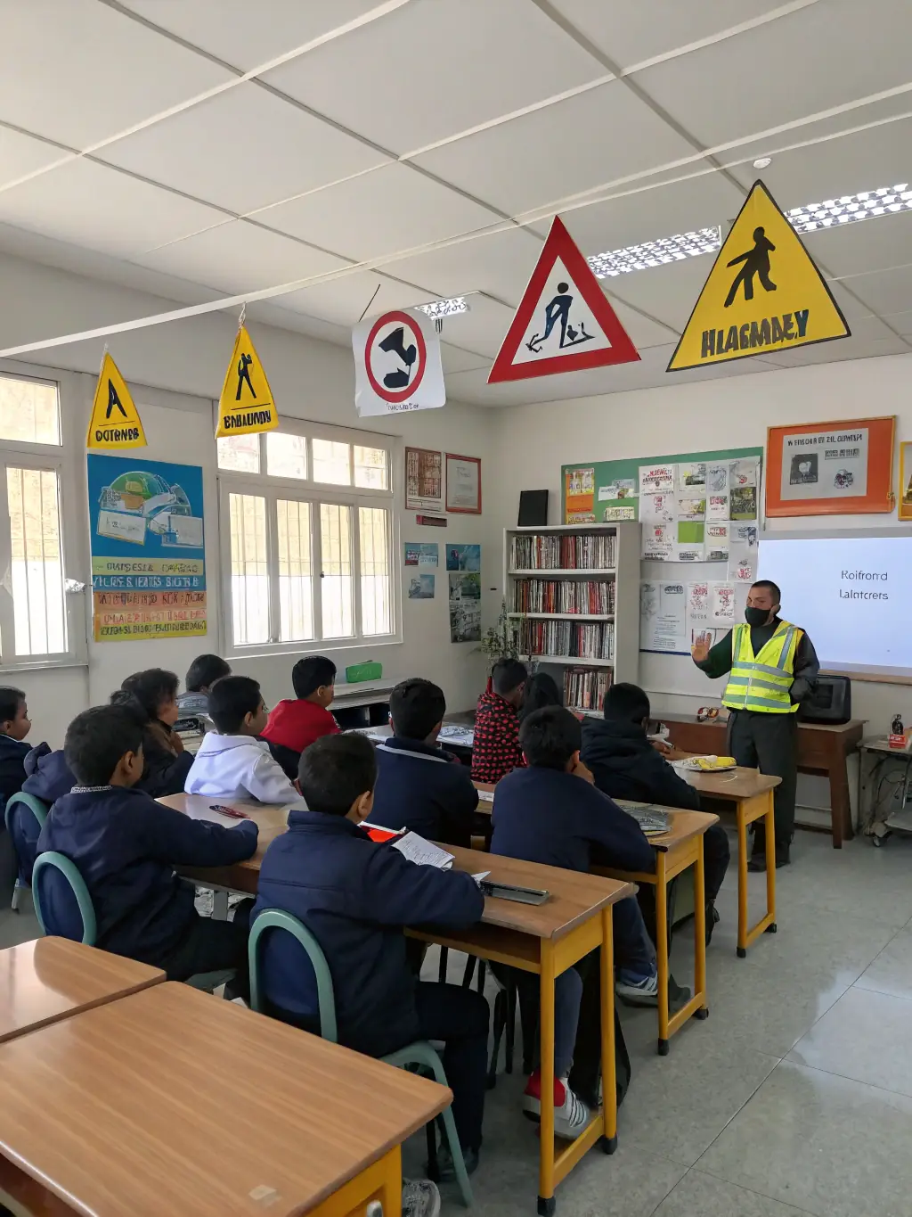 A classroom setting where children are learning about motorcycle safety rules and regulations from an instructor. The atmosphere is engaging and educational.