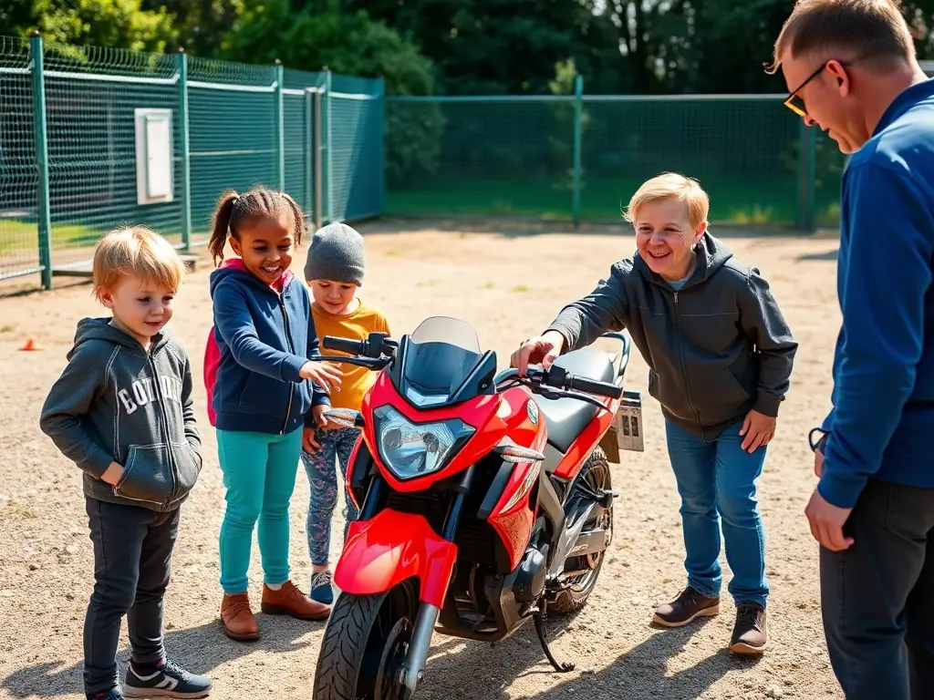 A group of young children wearing helmets and protective gear practicing riding on a controlled track with instructors supervising, representing the Youth Motorcycle Training program.