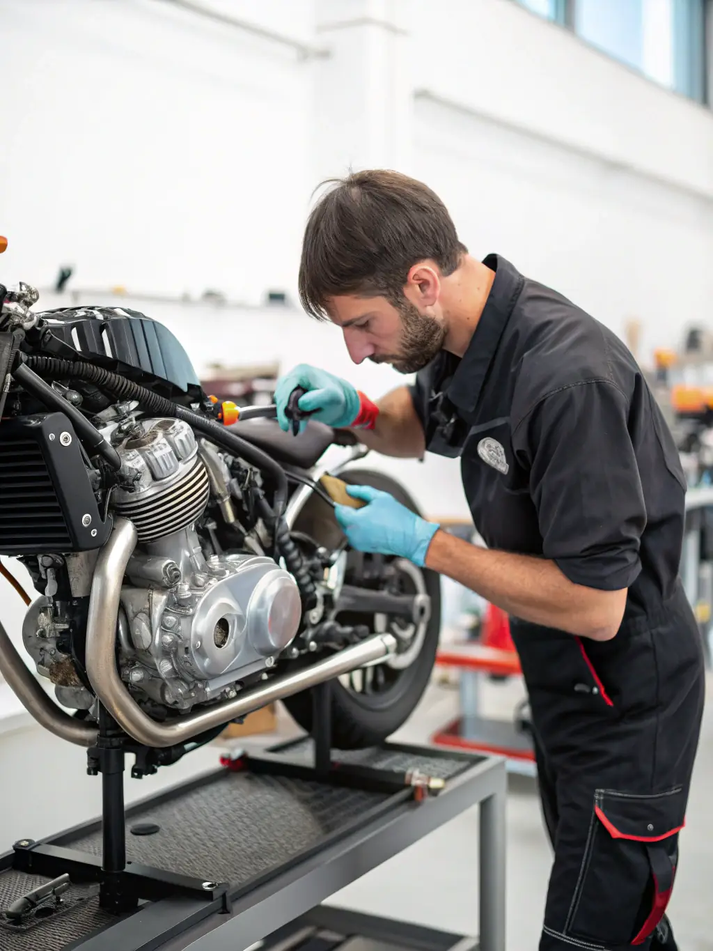 A group of Bourges Racing Team members are shown working together to maintain their motorcycles, fostering teamwork and mechanical understanding.