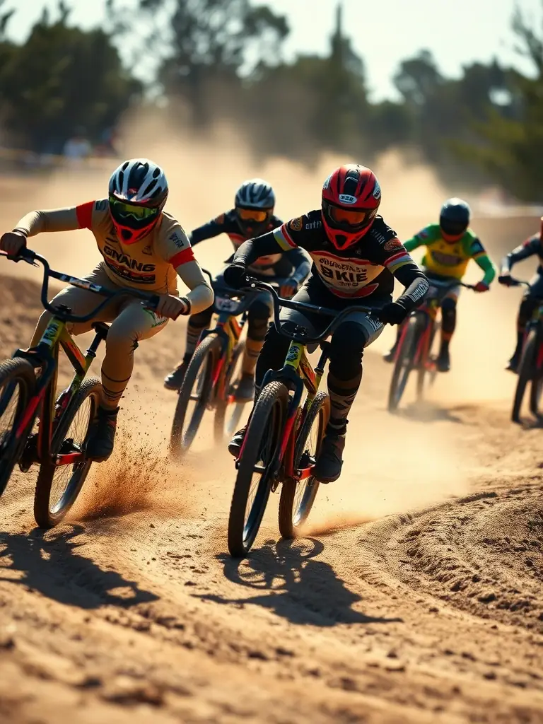 A diverse group of young riders participating in a friendly motorcycle race on a dirt track. Spectators are cheering them on, creating a supportive and inclusive atmosphere.
