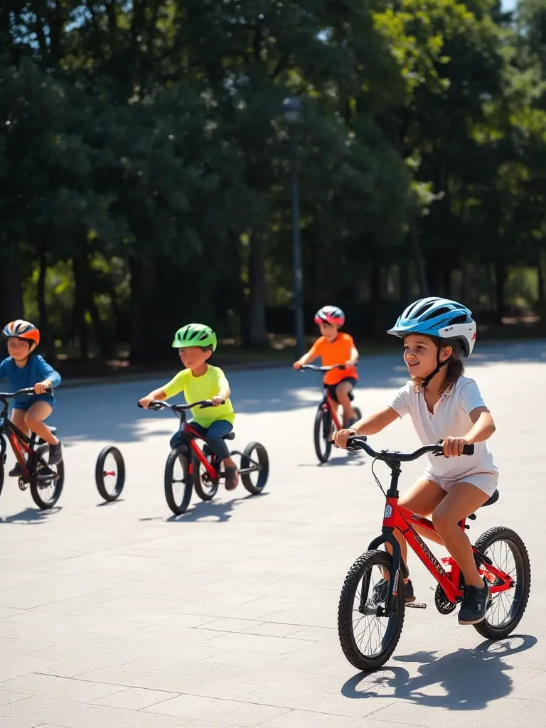 A group of young children, aged 6-10, are enthusiastically participating in a basic motorcycle safety training session, wearing helmets and protective gear, on a closed, safe course with instructors nearby, demonstrating the introductory program for young riders at Bourges Racing Team.